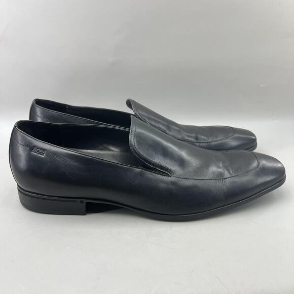 BOSS Hugo Boss Slip On Loafers Men Size 13 Black Leather Apron Toe Comfort Shoes - Picture 1 of 12